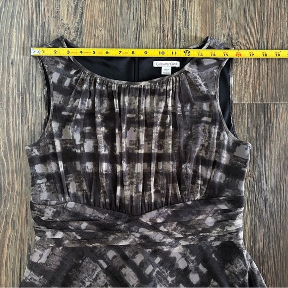Coldwater Creek Midi Dress Sz M (10-12) Mesh Overlay Ruched Waistband Black Tan - Picture 5 of 12